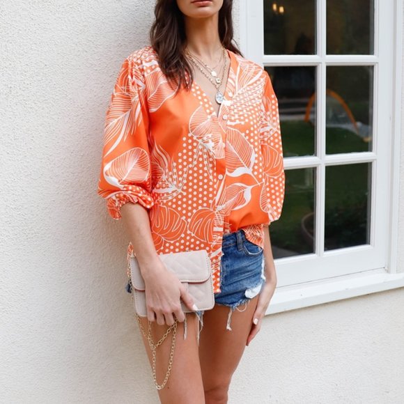 Orange Polka Dot Leaves Print Button Up Detail Balloon Sleeve Top - Picture 2 of 4